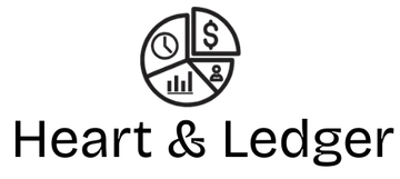 Logo for Heart & Ledger, featuring a pie chart with icons of time, money, data, and a person.