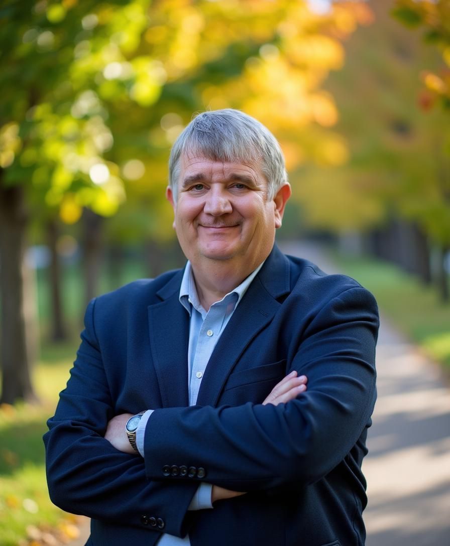 Man in navy blazer with arms crossed, smiling outdoors near colorful autumn trees.