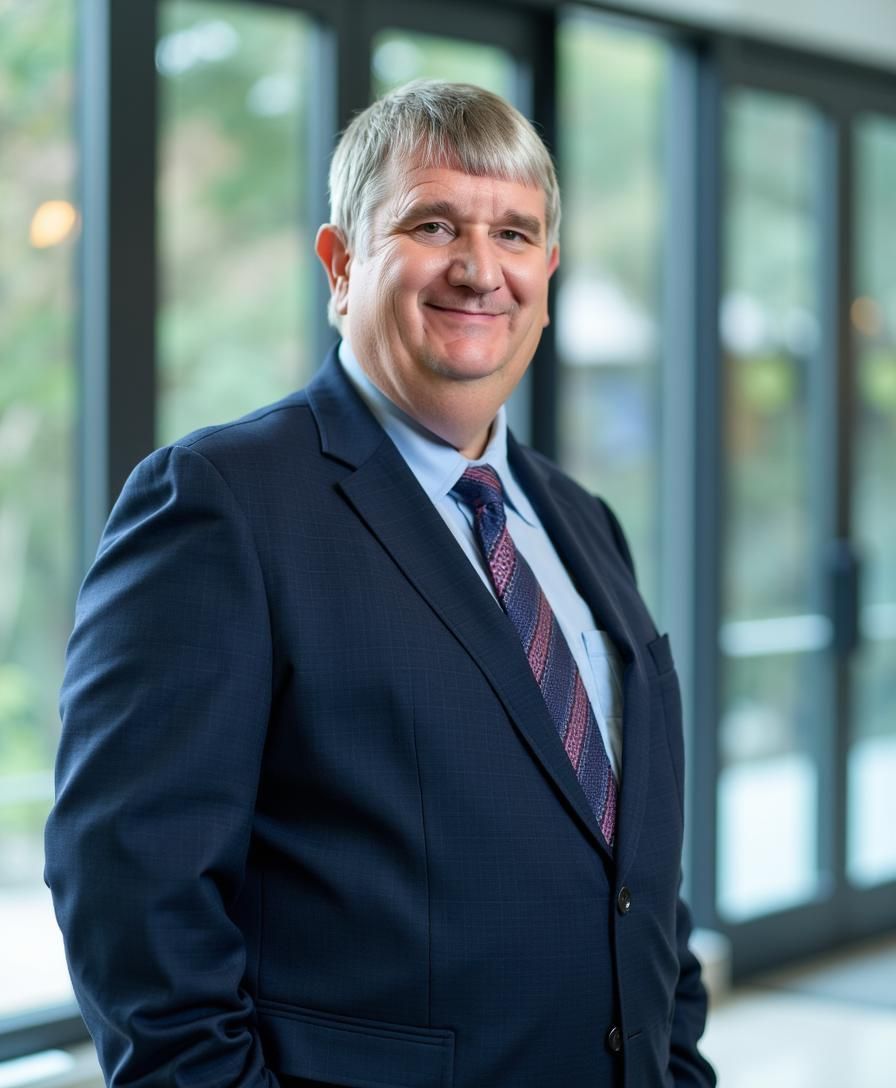 Man in navy suit and tie smiles, hands in pockets, in a modern building with windows.
