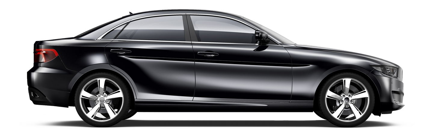 A black car is shown from the side on a white background.