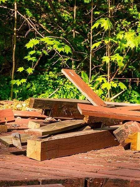A pile of wood is sitting on top of a brick floor in the woods.