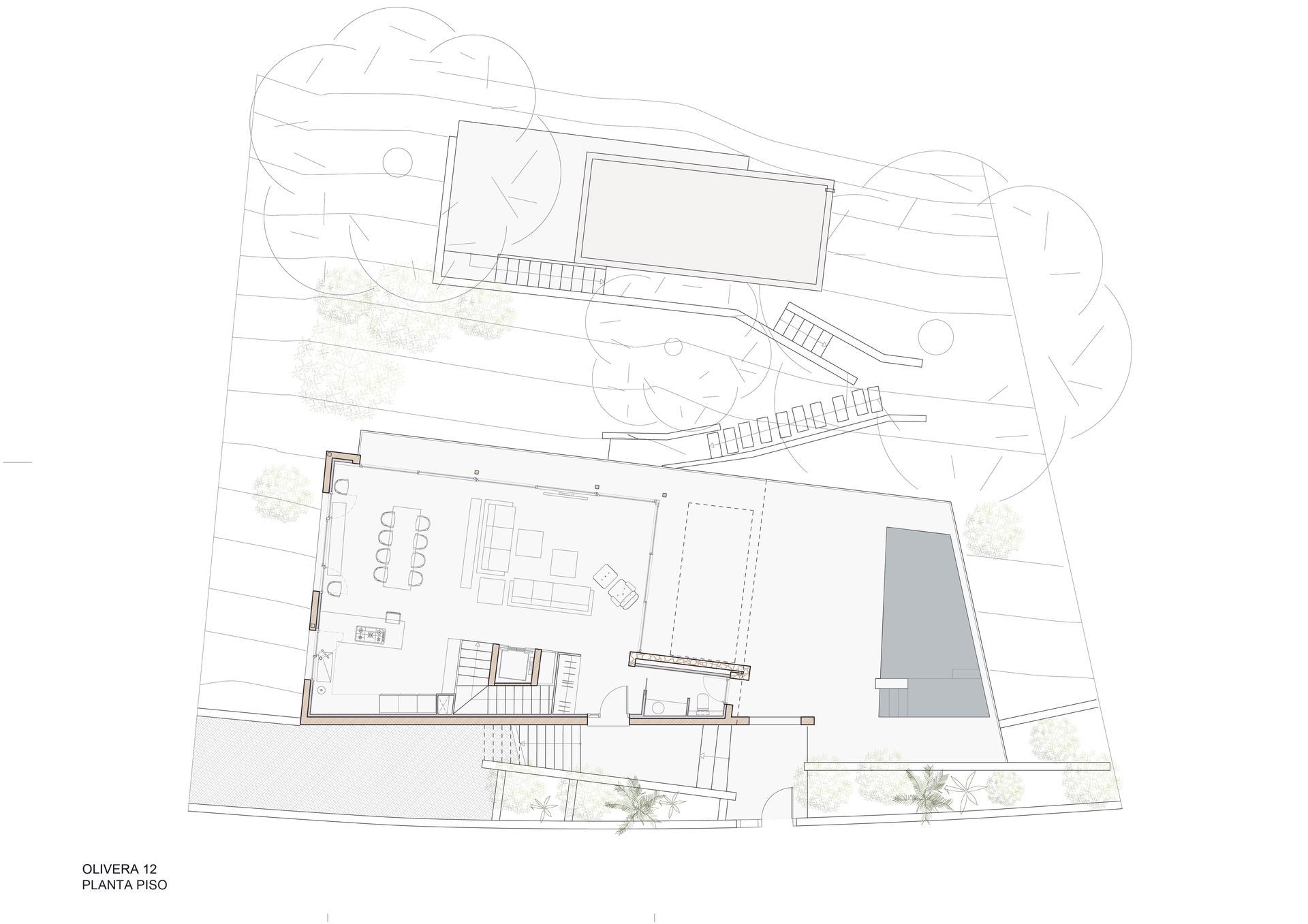 Un dibujo de una casa con piscina en el patio trasero