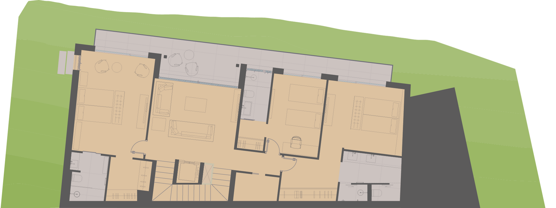 Un plano de planta de un edificio con muchas habitaciones