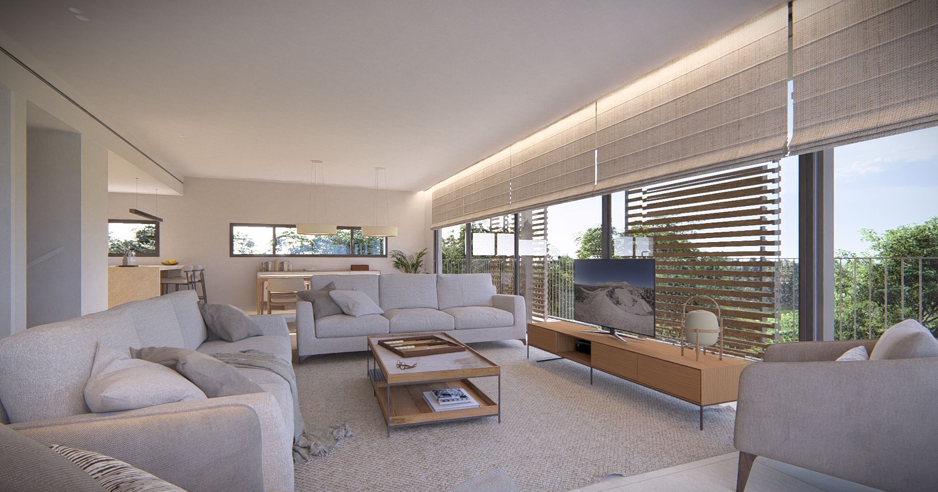 Una sala de estar con sofá, silla, mesa de café y televisión.