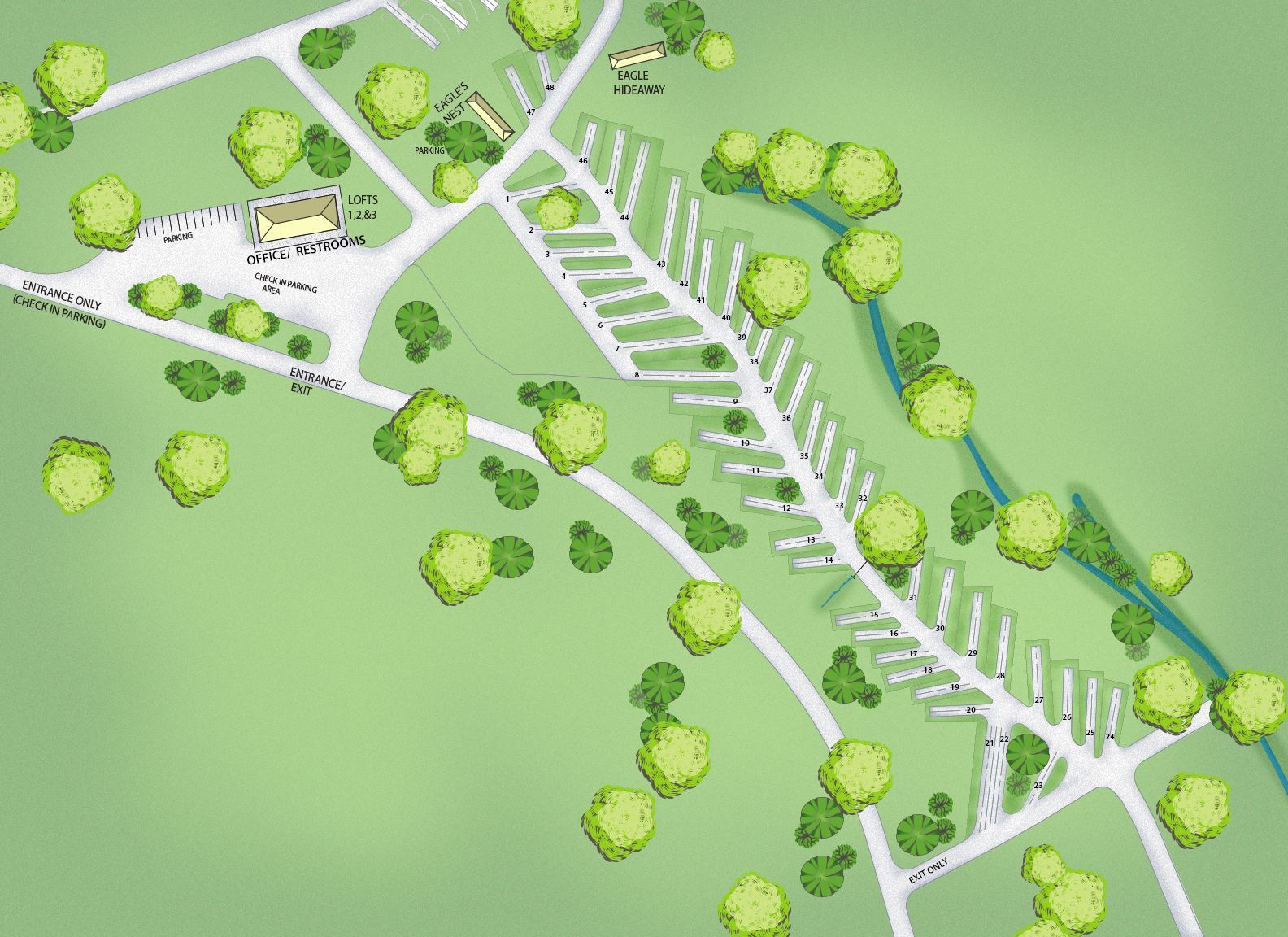 Map of a campground with campsites, trees, a river, and a building labeled 