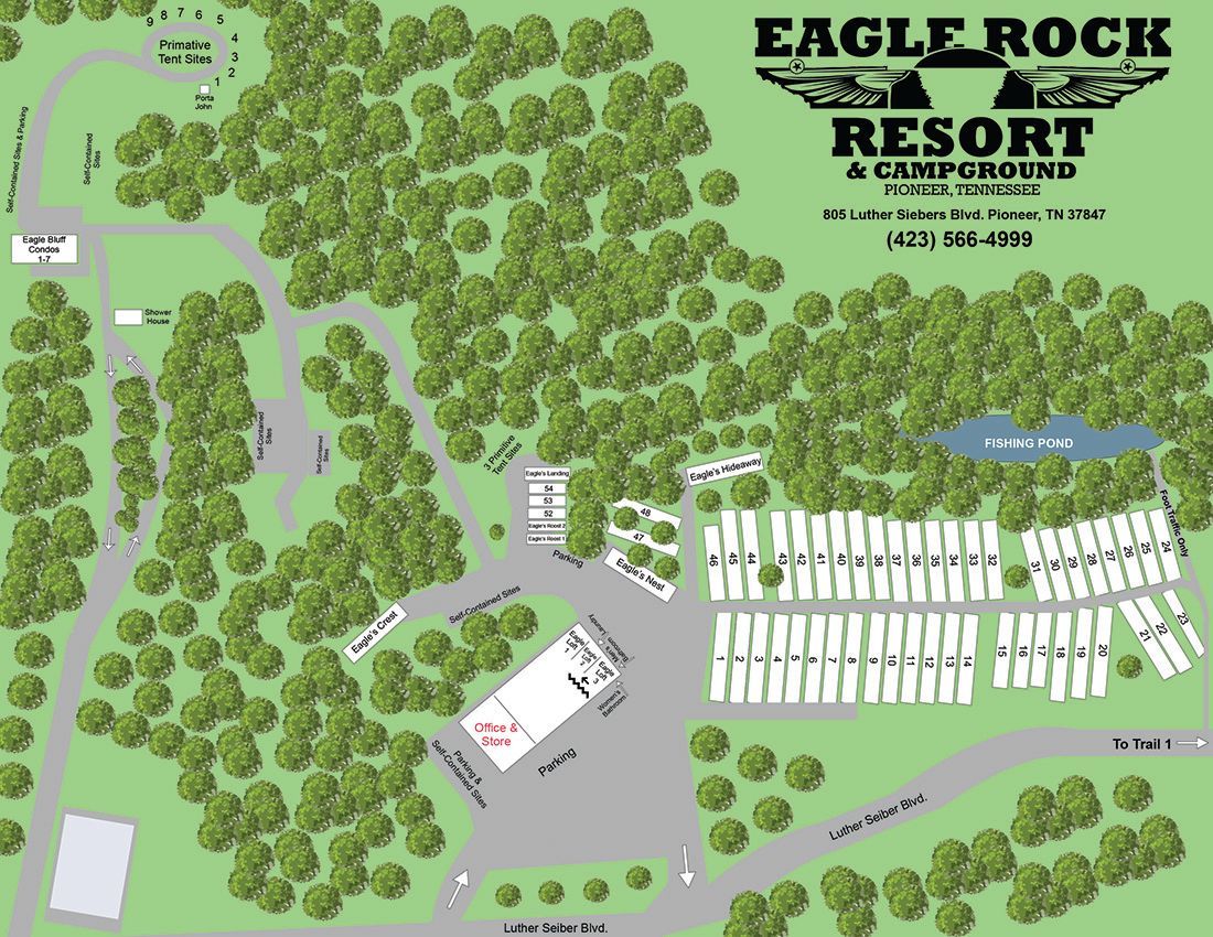 Map of Eagle Rock Resort & Campground. Shows layout of campsites, roads, and amenities.