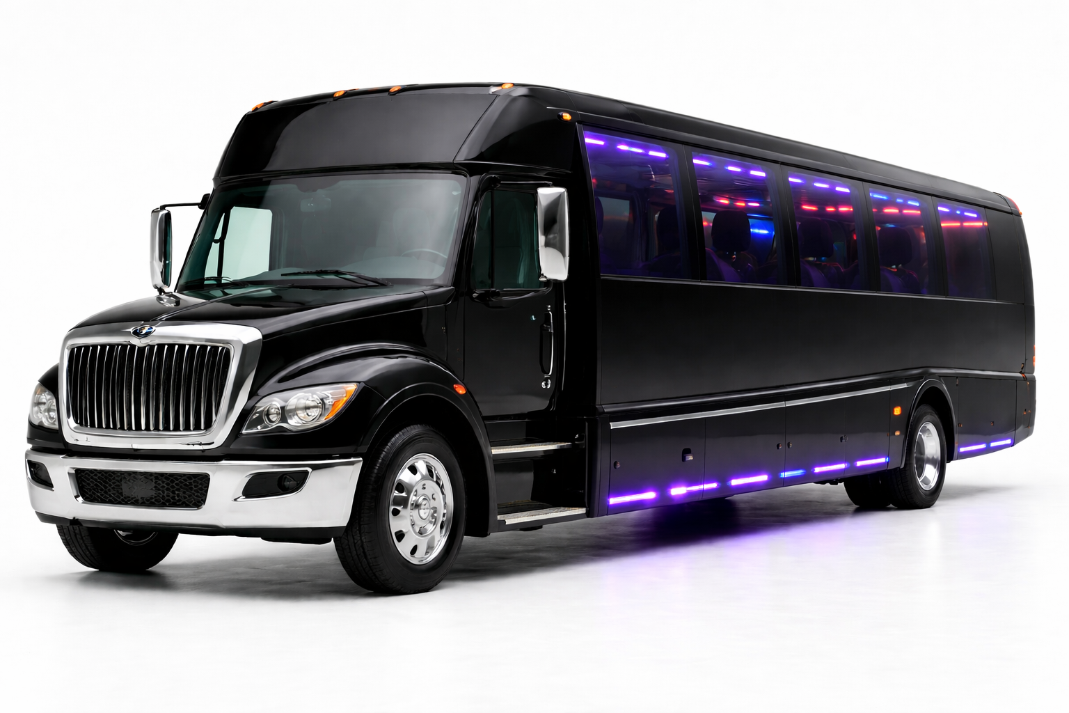 A black luxury party bus with purple and blue LED lights inside is shown on a white background.