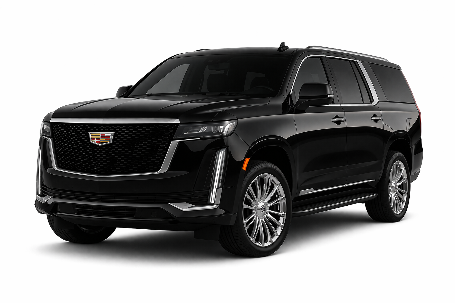 A black Cadillac Escalade SUV is shown on a white background.