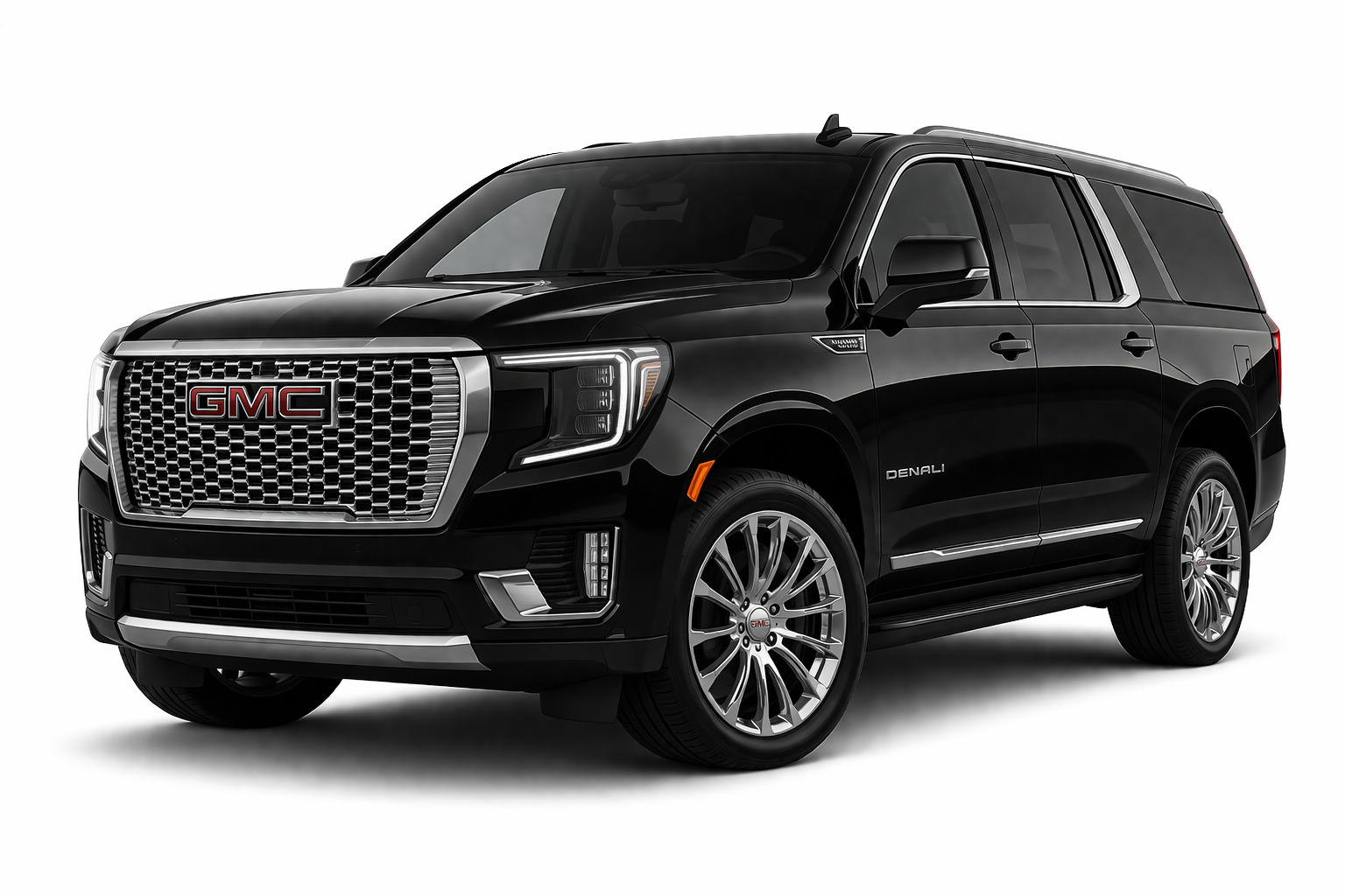 A black GMC Denali SUV is shown on a white background.