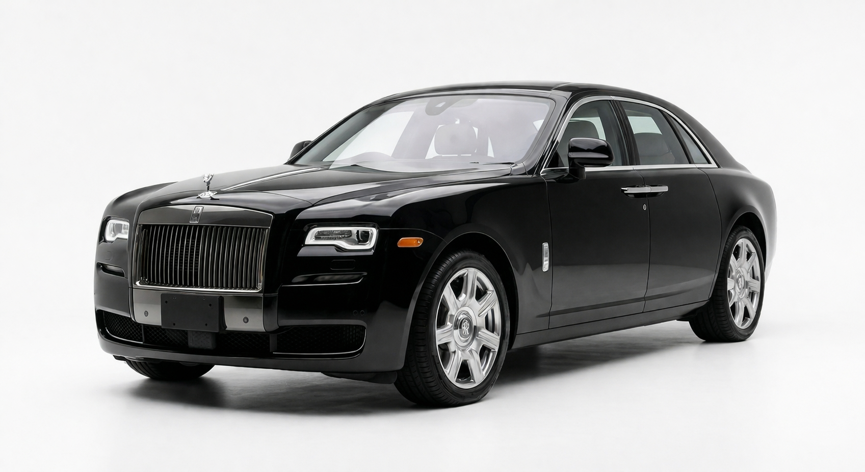 A black Rolls-Royce sedan is shown on a white background.