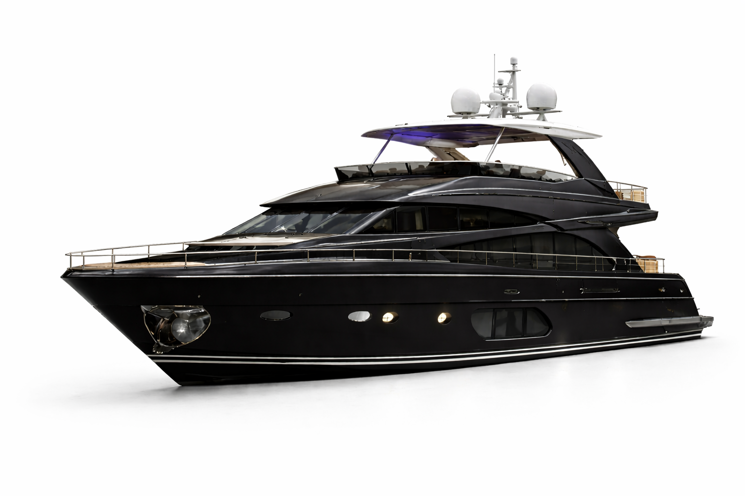 A luxury private black yacht is shown on a white background.