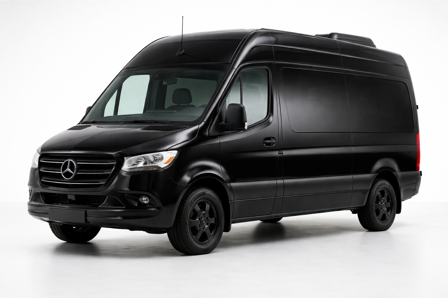 A black Mercedes-Benz Sprinter van is shown on a white background.