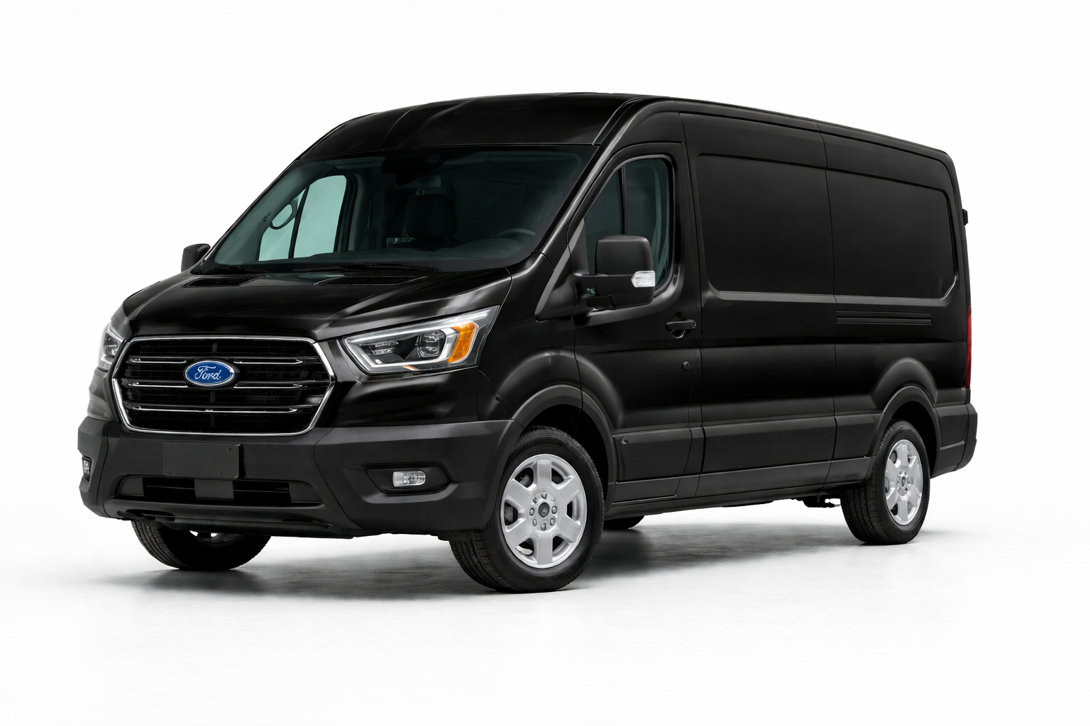 A black Ford Transit van is shown on a white background.