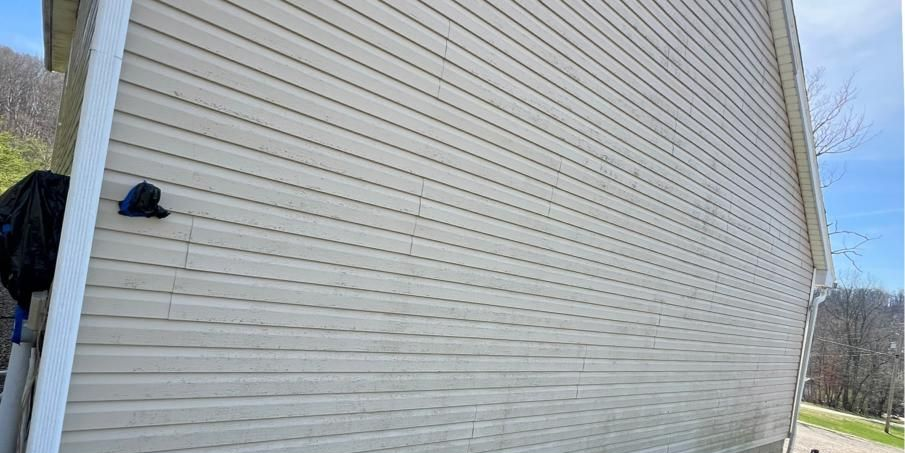 A close up of a house with a window and siding covered in moss.