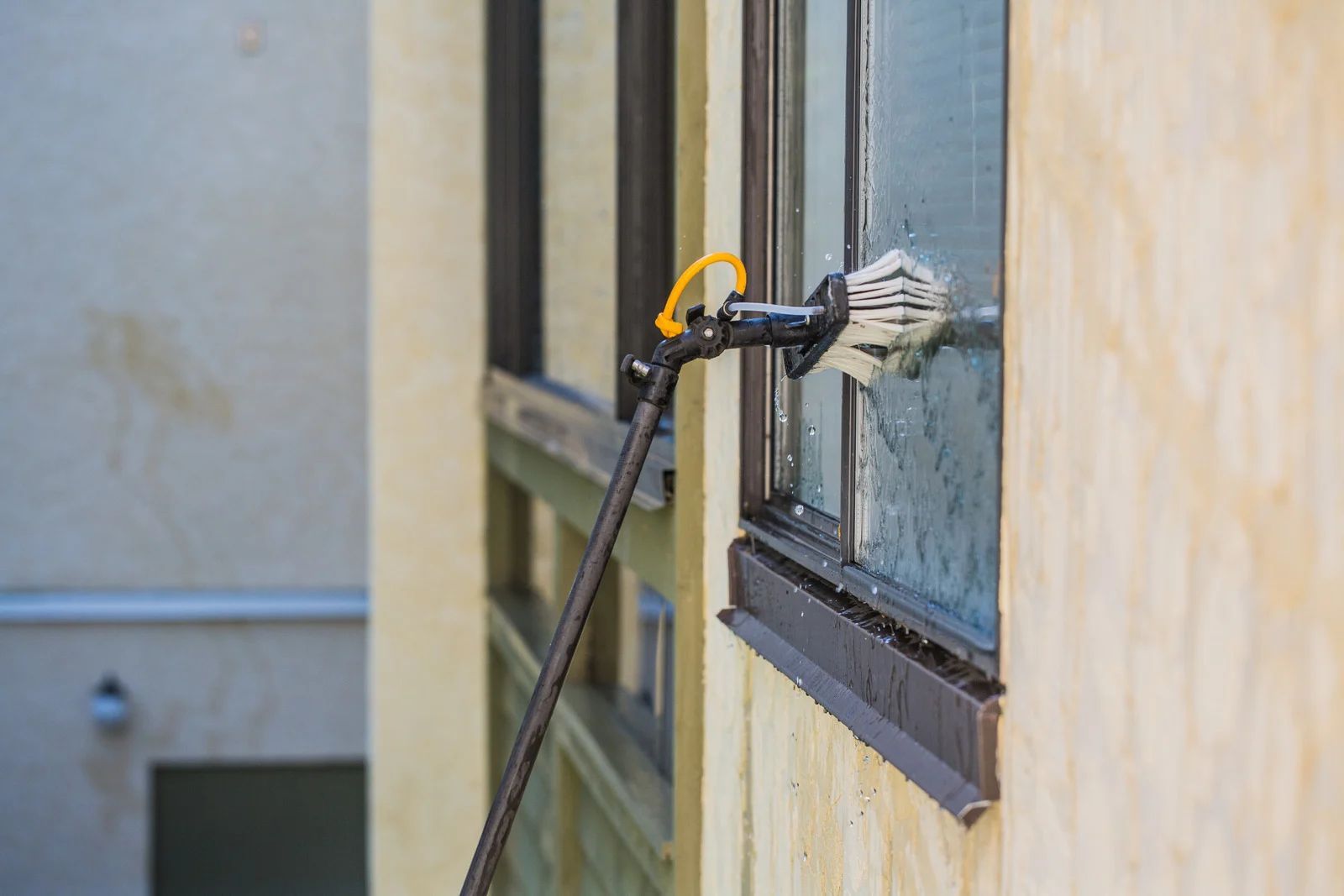 A window being washed from the outside with a long-handled brush.