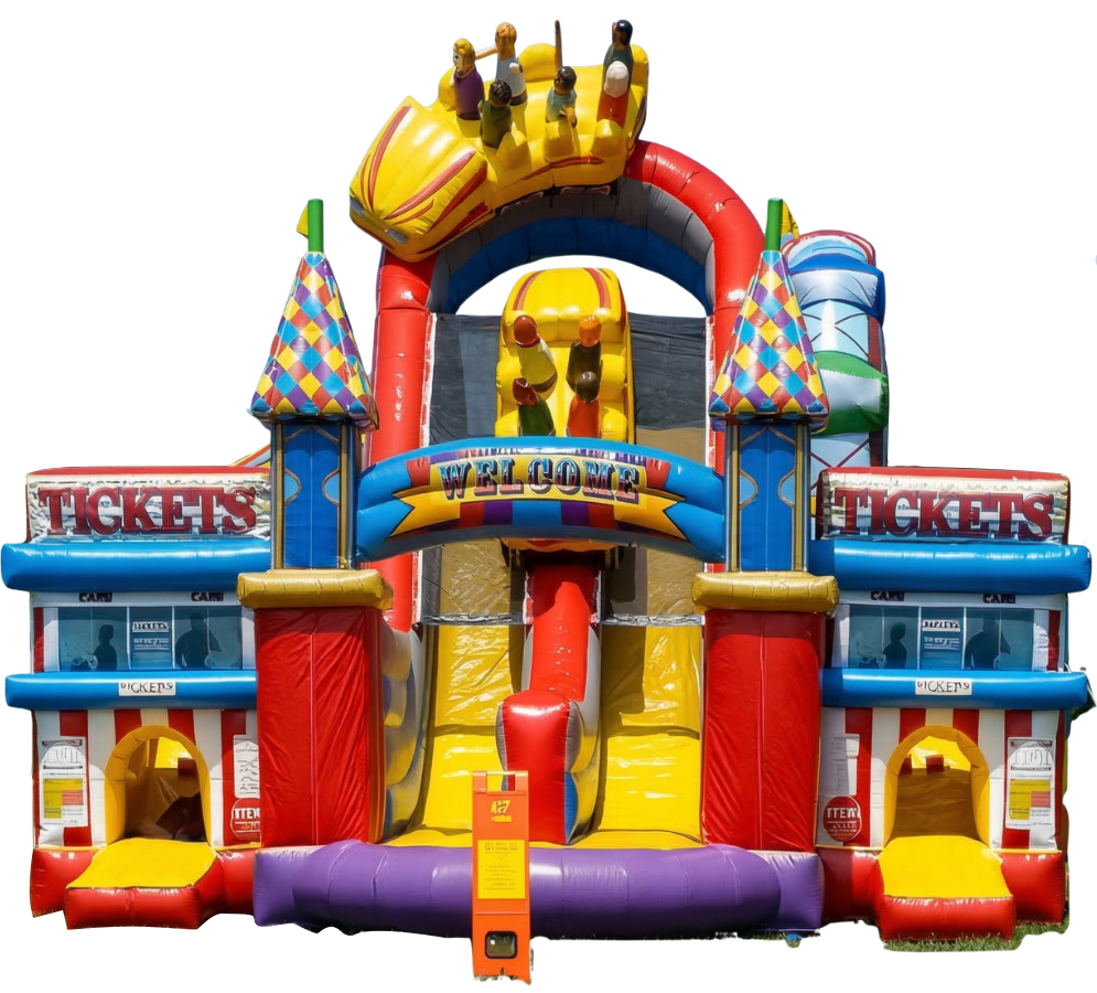 Colorful carnival-themed inflatable bounce house and slide with