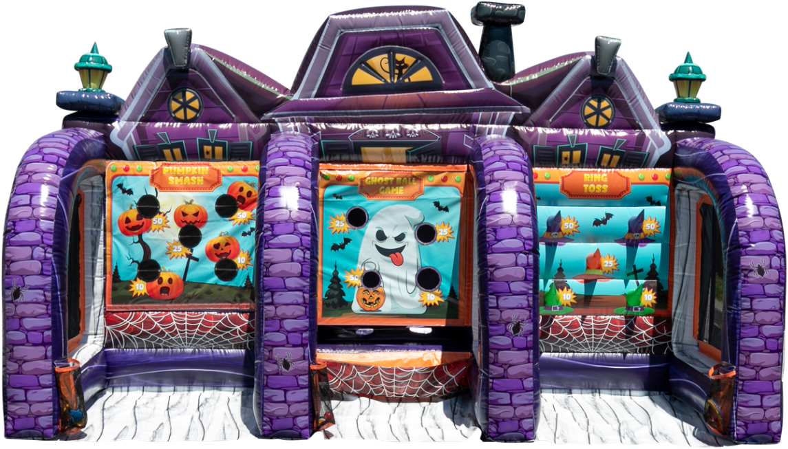 A Western-themed inflatable bounce house with a saloon facade, decorative cacti, and a banner reading 