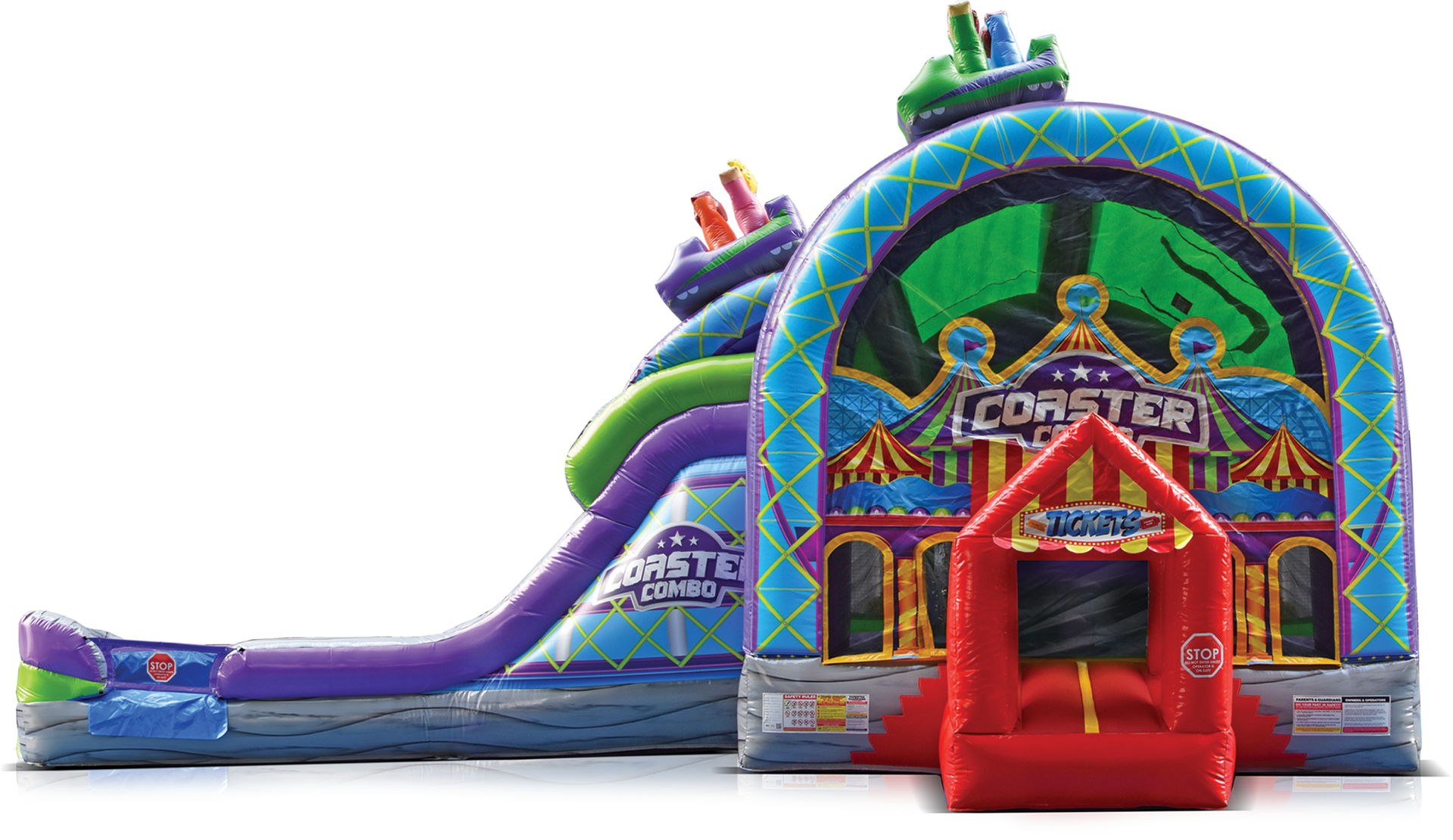 A Western-themed inflatable bounce house with a saloon facade, decorative cacti, and a banner reading 