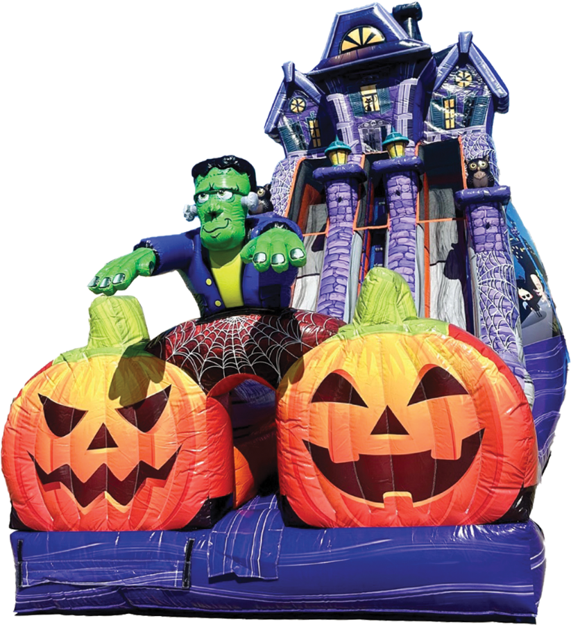 Inflatable Halloween display with a green Frankenstein and a haunted house behind glowing jack-o'-lanterns