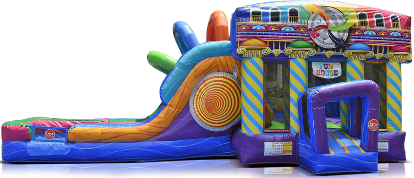 Inflatable Ninja obstacle course with a red, white, and blue slide and a climbing wall featuring chevron patterns.
