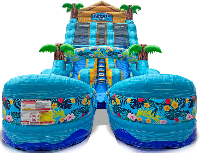 Colorful carnival-themed inflatable bounce house and slide with 