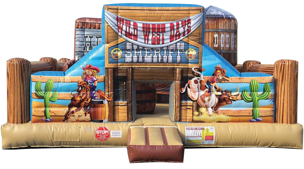A Western-themed inflatable bounce house with a saloon facade, decorative cacti, and a banner reading 