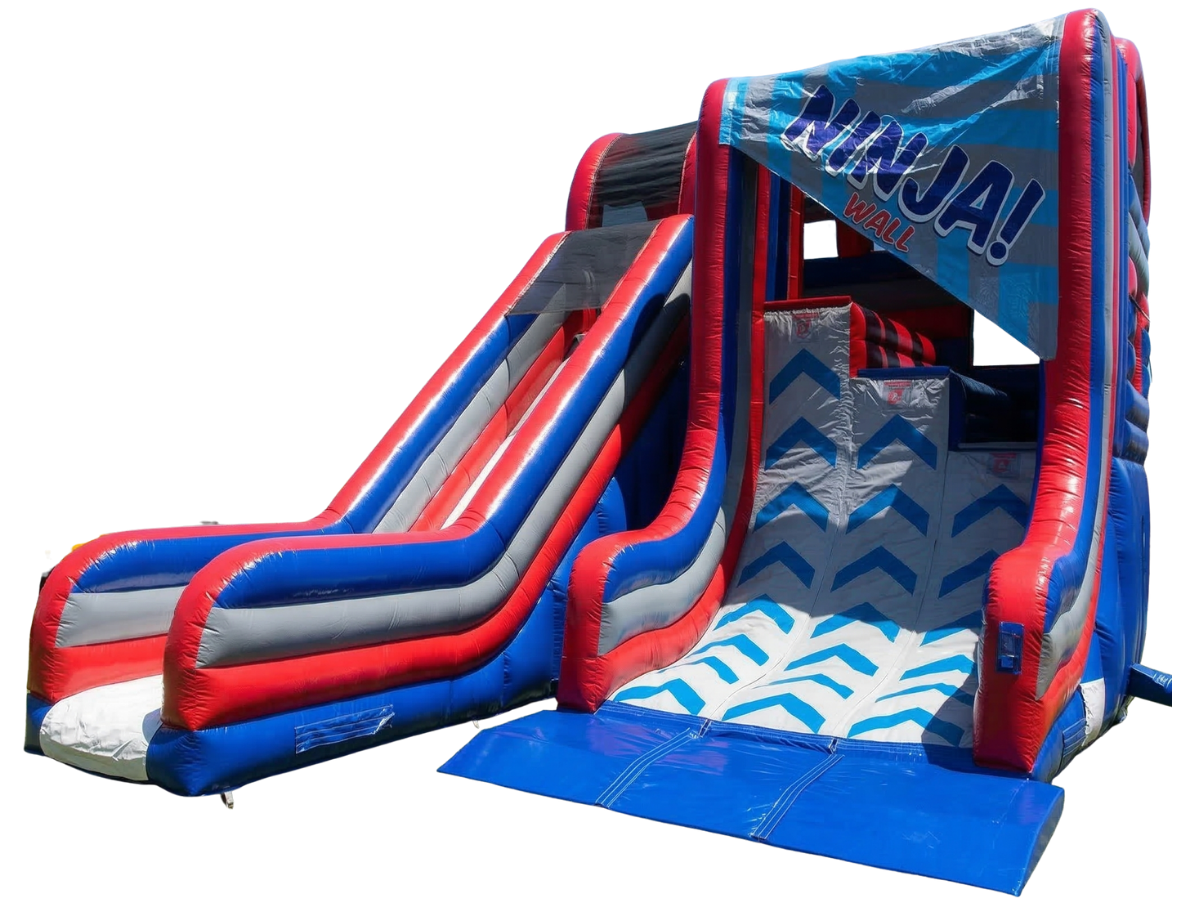 Inflatable Ninja obstacle course with a red, white, and blue slide and a climbing wall featuring chevron patterns.