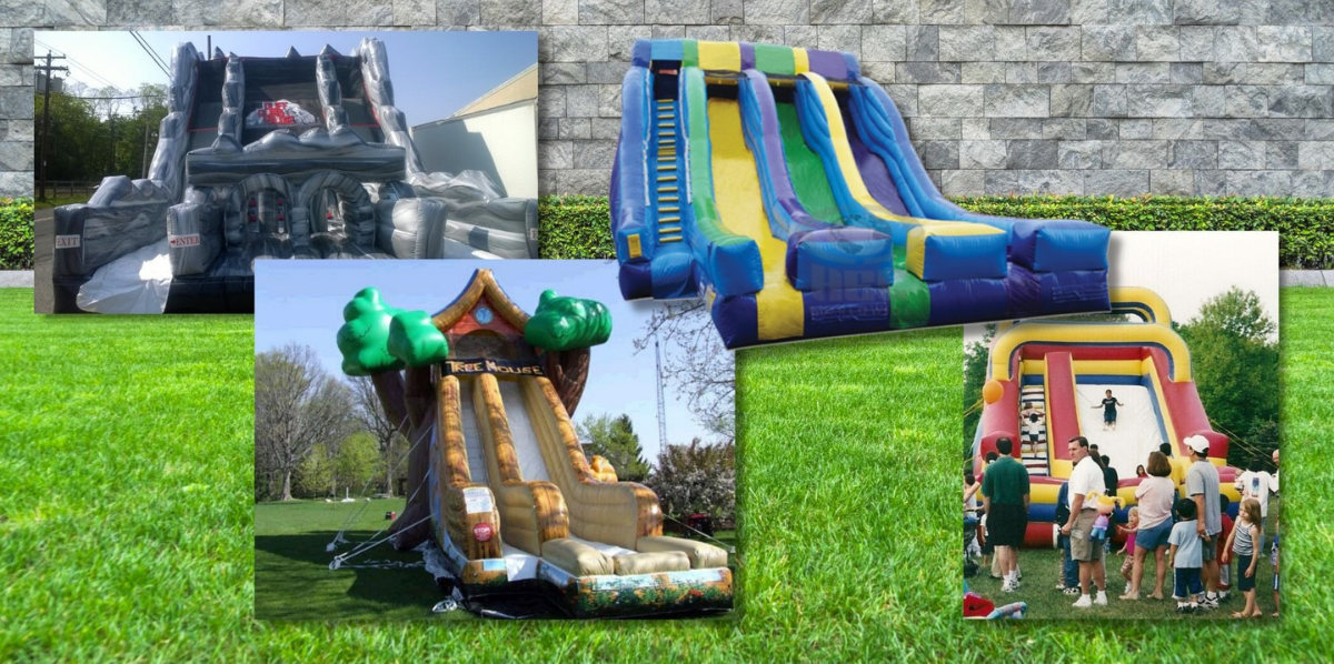 A collage featuring four colorful inflatable slides set against a grass lawn and stone wall background.