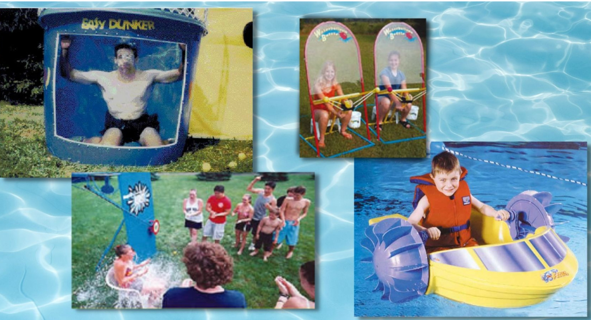 A collage showing four pool and party games including a dunk tank