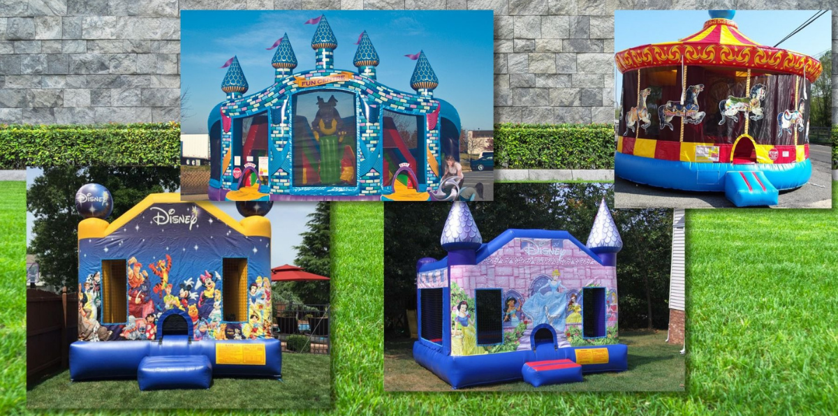 Four colorful inflatable bounce houses and a carousel-themed bounce house set on a green lawn.