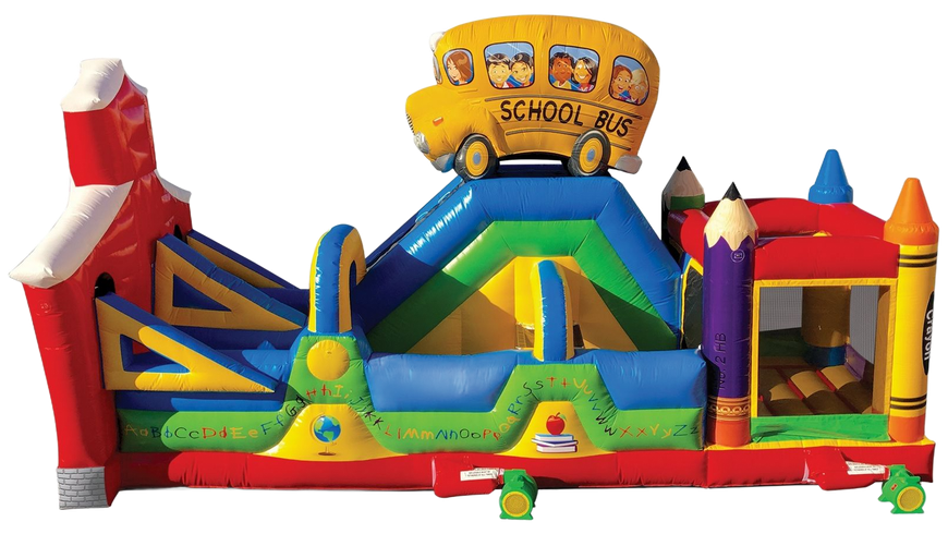 A school-themed inflatable obstacle course with a bus on top, slides, and giant pencil-shaped pillars.