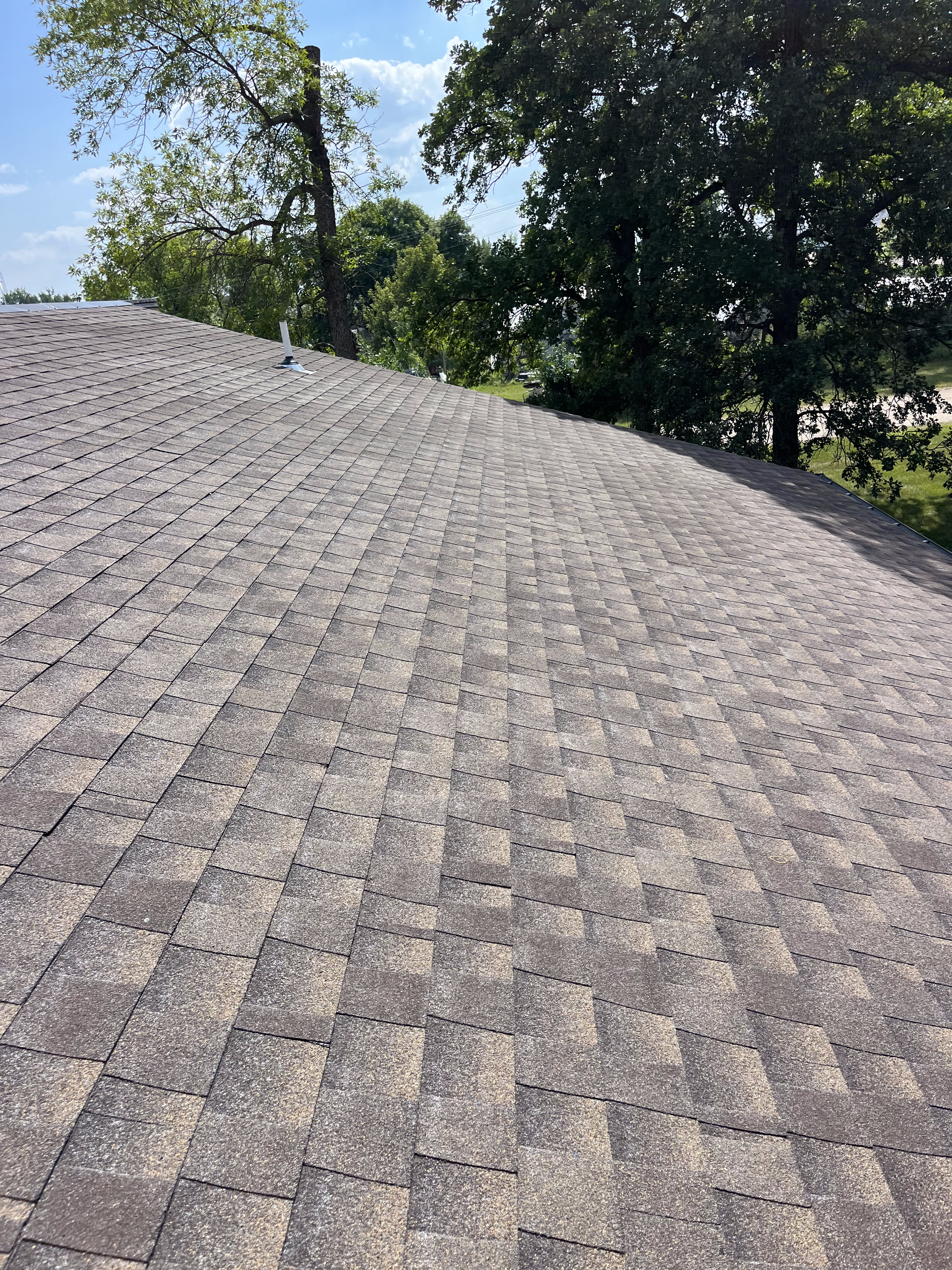A close up of a roof with trees in the background.