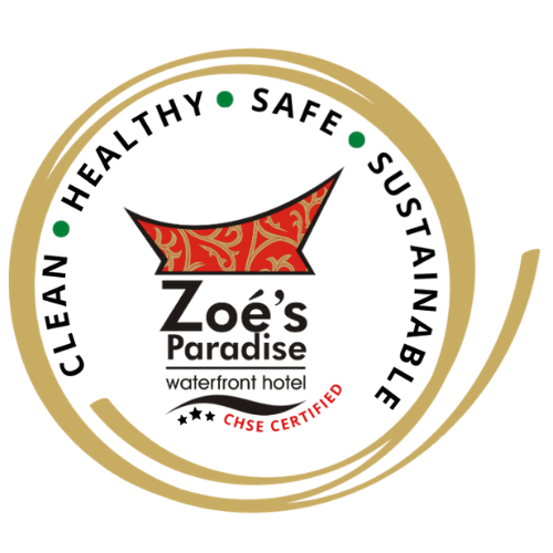 A logo for zoe 's paradise waterfront hotel