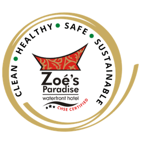 A logo for zoe 's paradise waterfront hotel