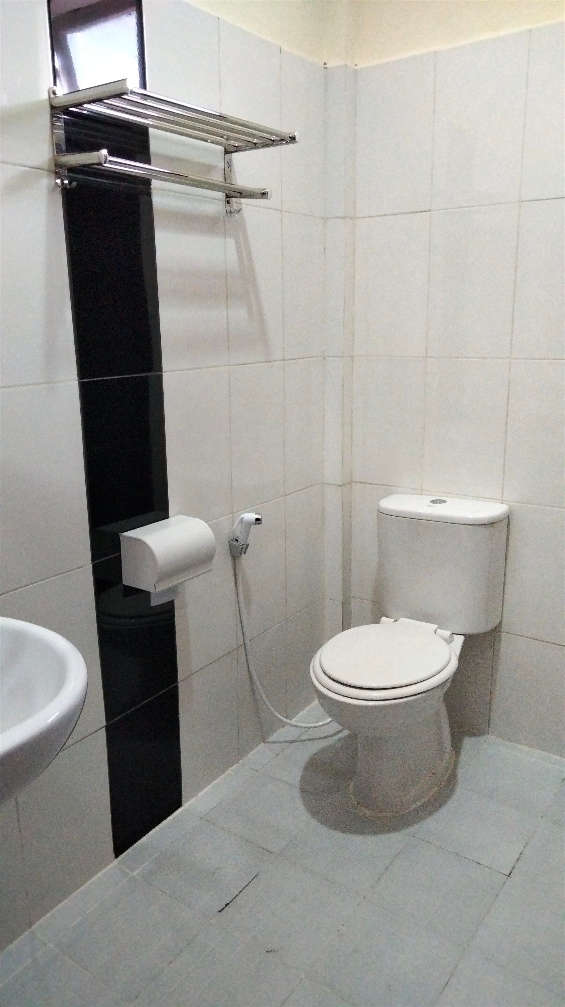 A bathroom with a toilet , sink and towel rack.