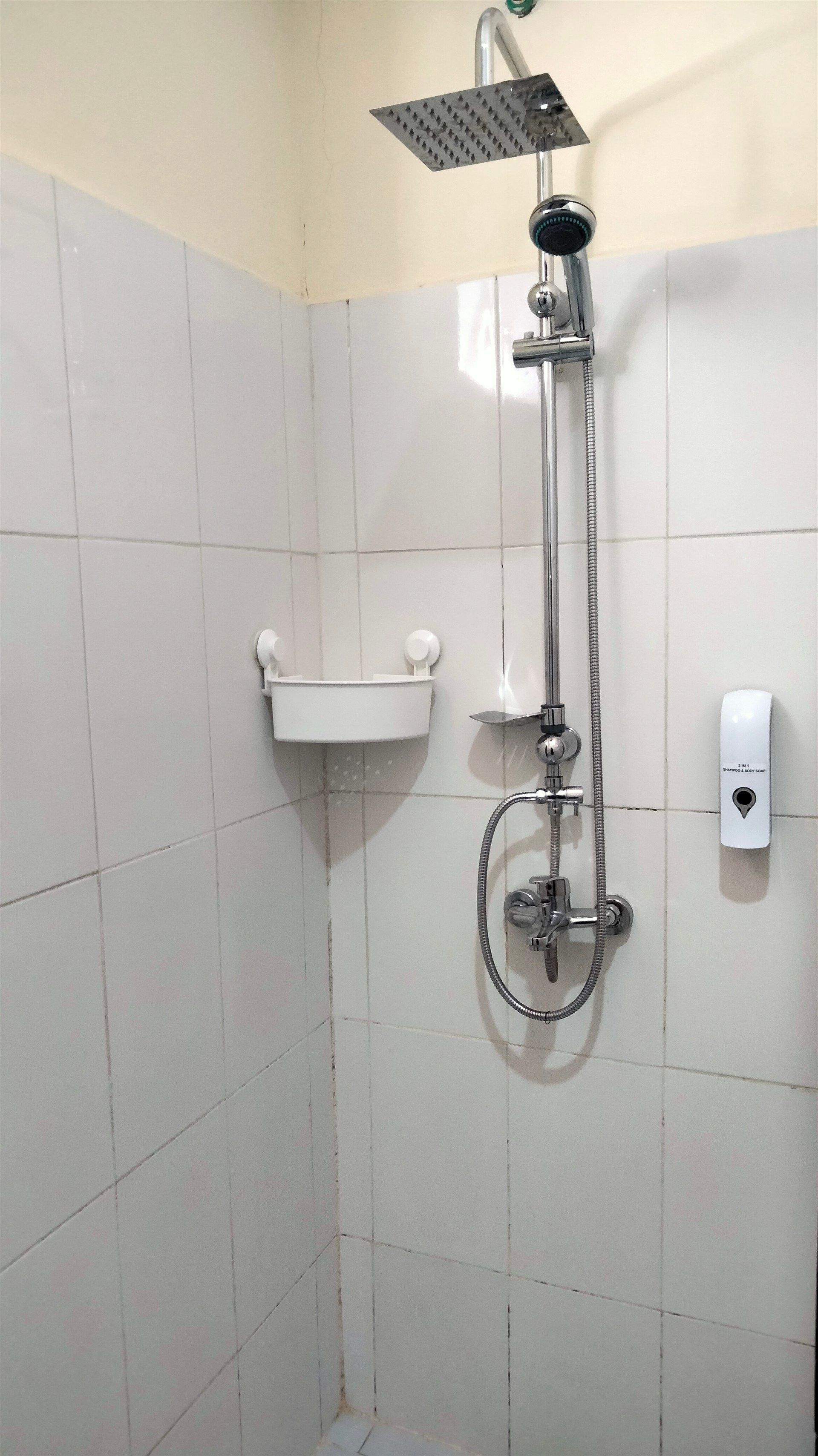 A bathroom with a shower head and a soap dispenser.