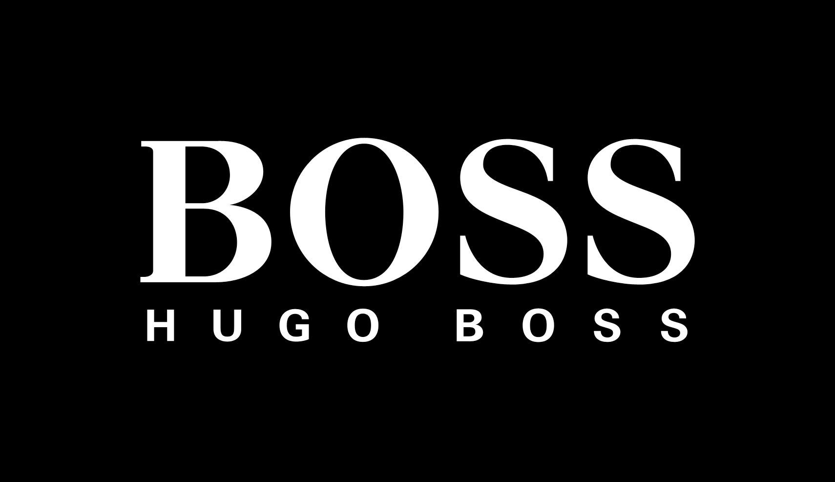 Logotipo da BOSS Hugo Boss em texto branco sobre fundo preto.