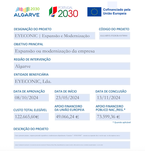 Documento informativo do projeto no Algarve, Portugal, contendo detalhes do projeto e estatísticas de financiamento.