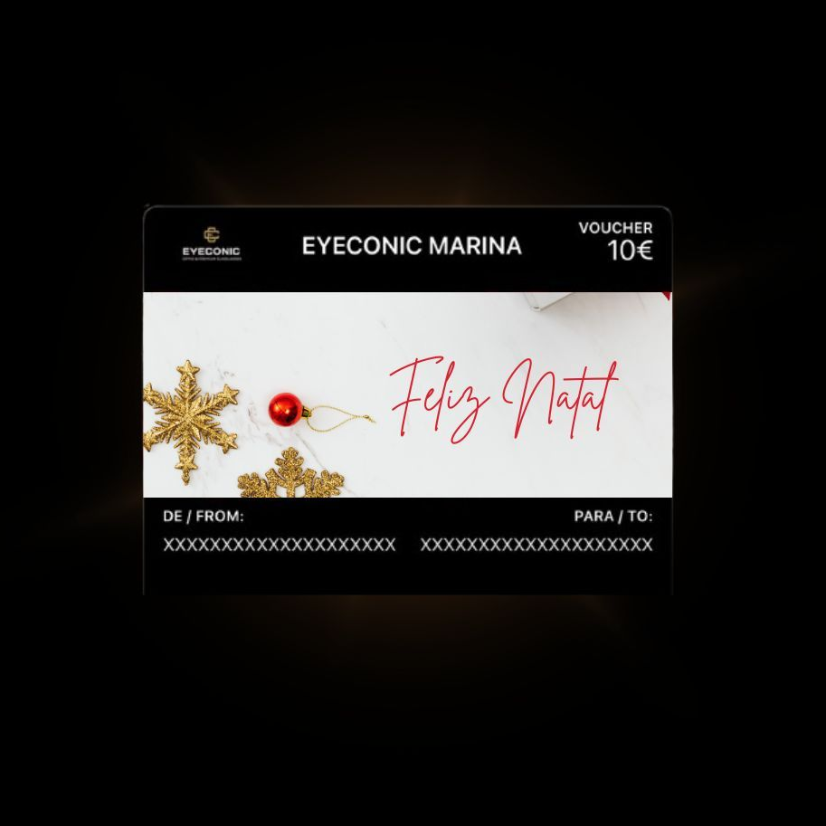 Cartão-presente da Eyeconic Marina com flocos de neve dourados, enfeite vermelho e a inscrição 