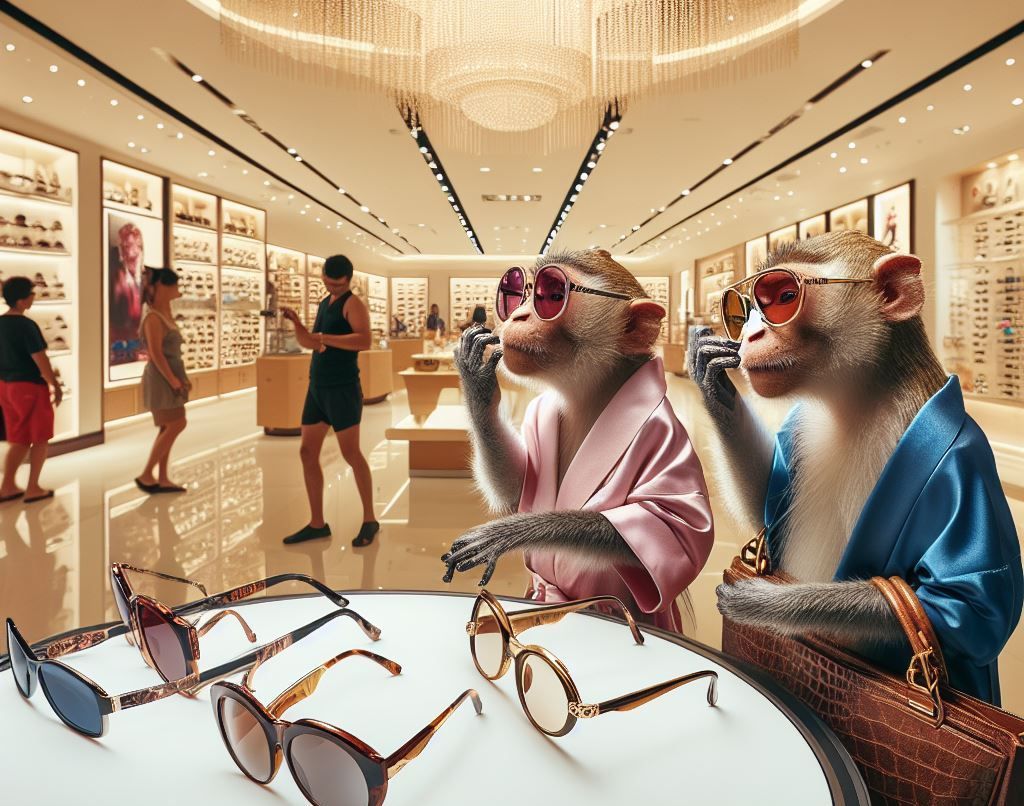 Dois macacos de óculos escuros, usando roupões, experimentam óculos em uma ótica. Clientes olham os produtos ao fundo.