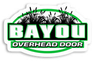 A green and white logo for bayou overhead door.