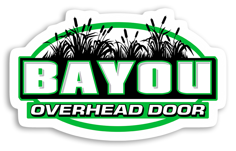A green and white logo for bayou overhead door.