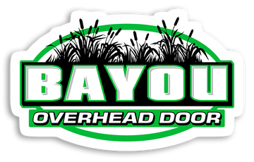 A green and white logo for bayou overhead door.