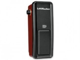 A black and red liftmaster garage door opener on a white background.