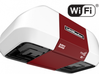 A red and white liftmaster garage door opener is connected to wifi