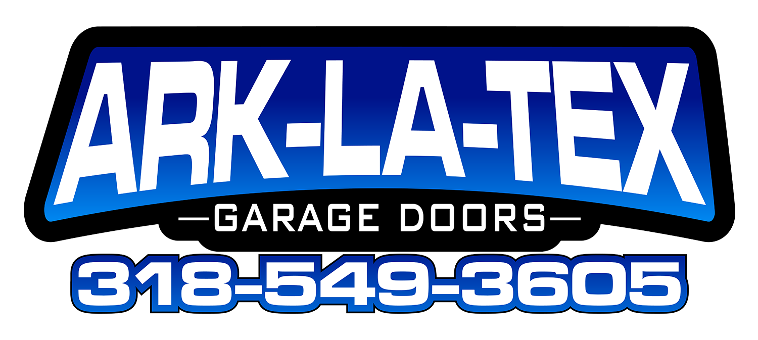 A blue and white logo for ark-latex garage doors