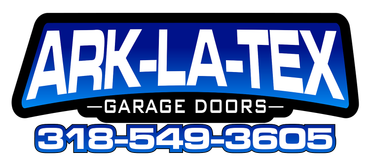 A blue and white logo for ark-latex garage doors