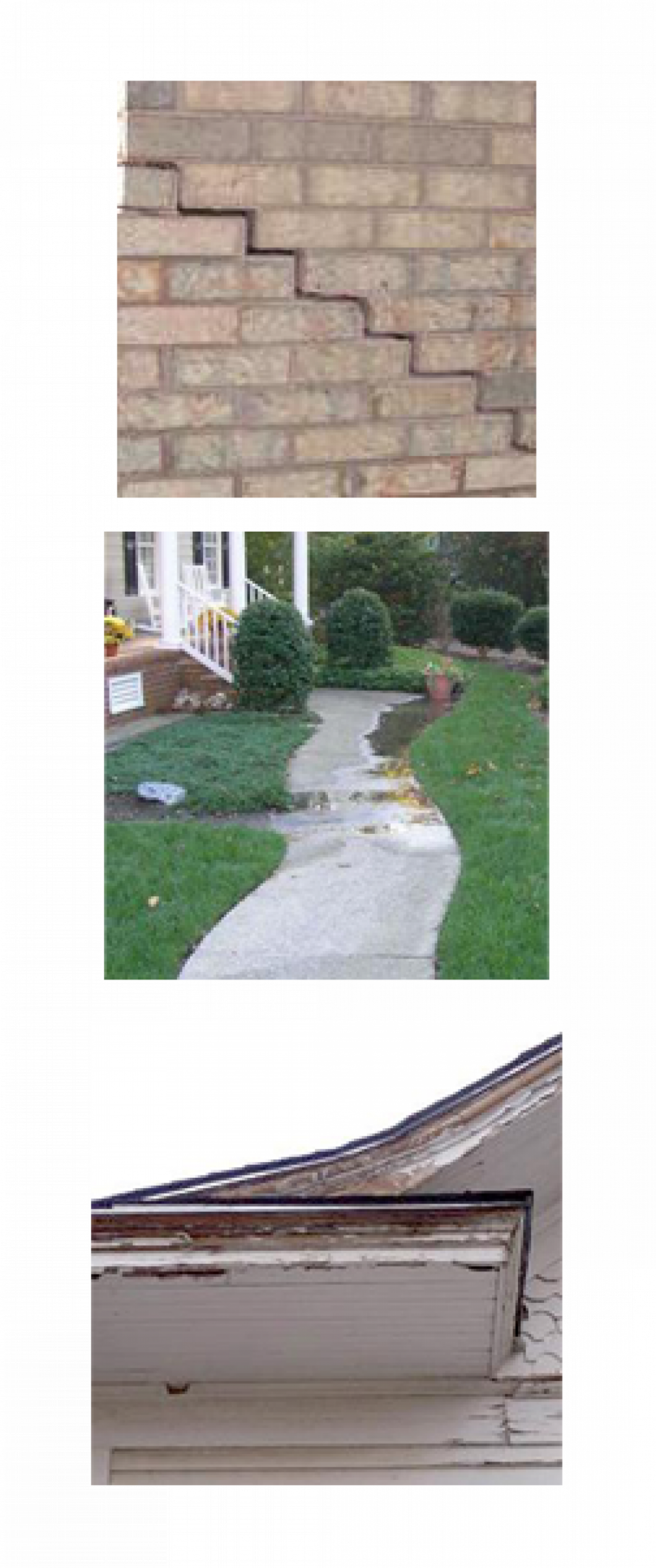 A collage of three pictures of a brick wall , a sidewalk , and a roof.