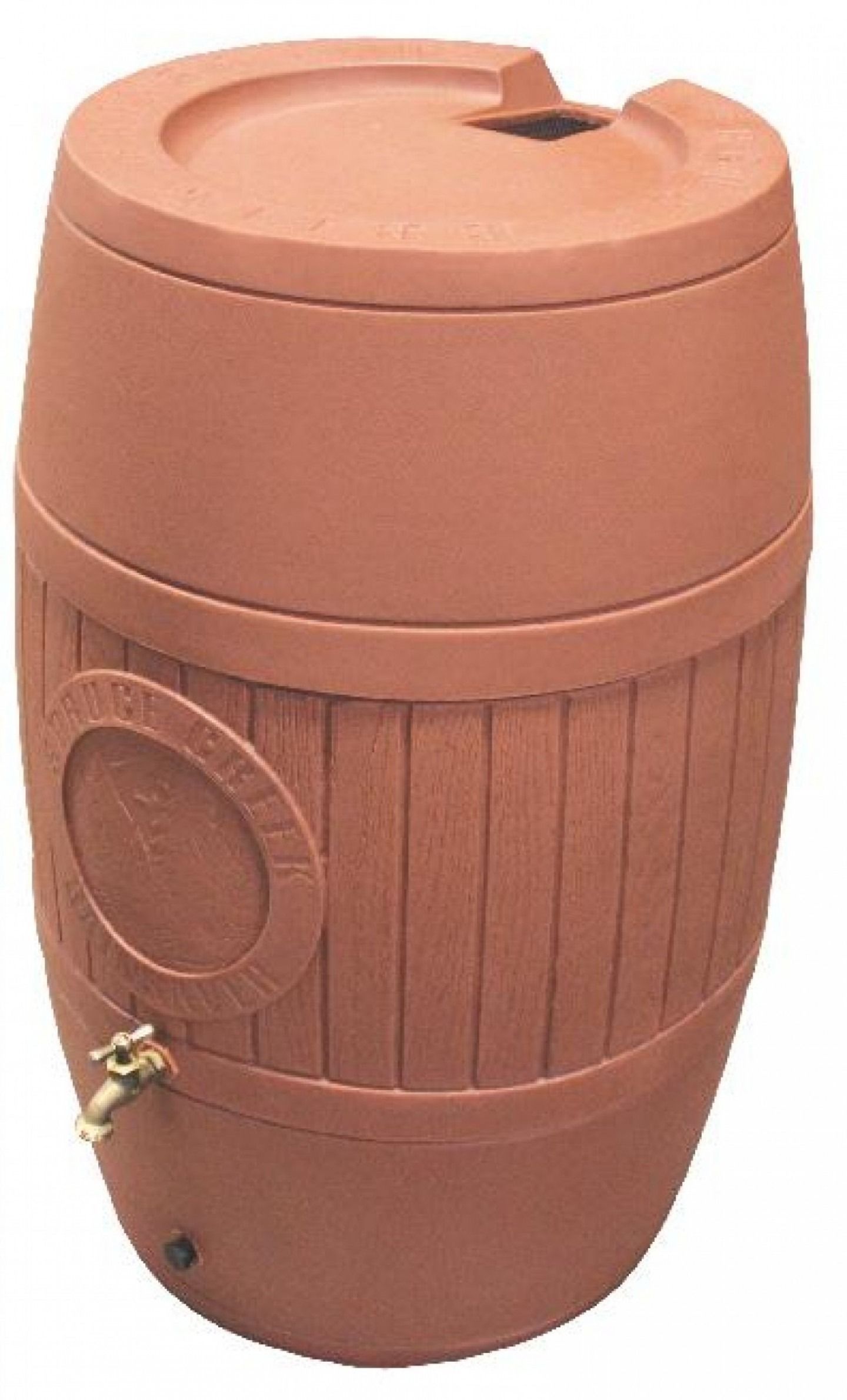 A brown barrel with a faucet on the side