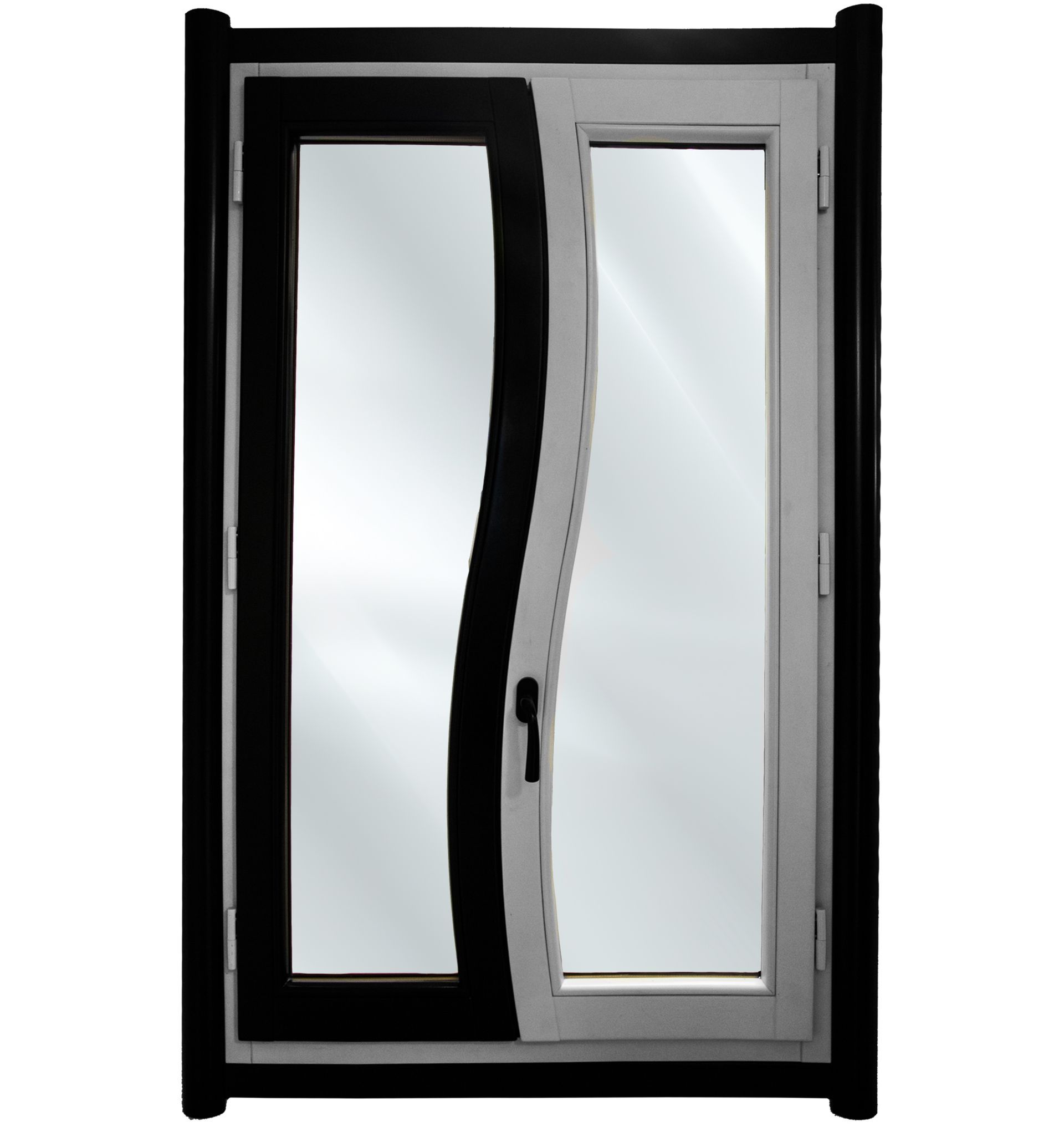 Una finestra con due pannelli di vetro caratterizzati da una particolare cornice verticale ondulata, nei colori bianco e nero.